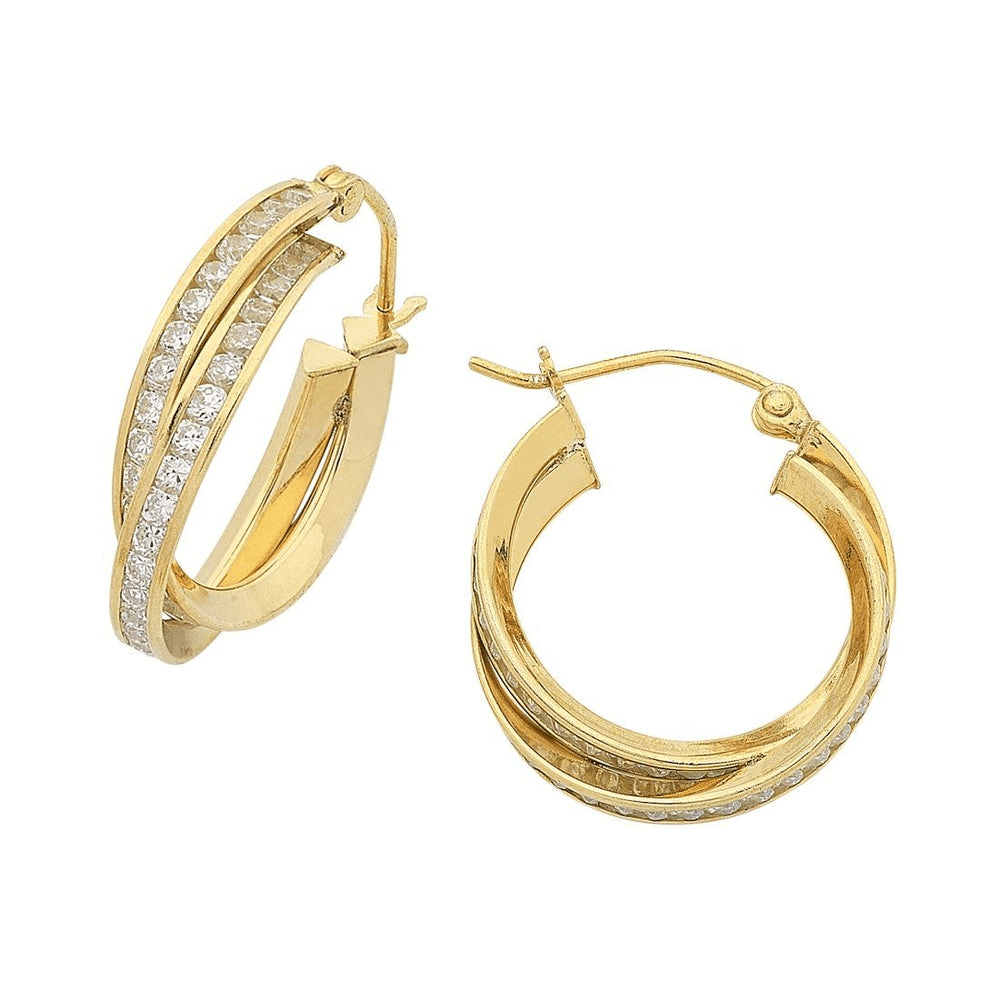 18mm Cross Over Cubic Zirconia Hoop Earrings in 9kt Bonded Gold Silver Filled Earrings Bevilles 