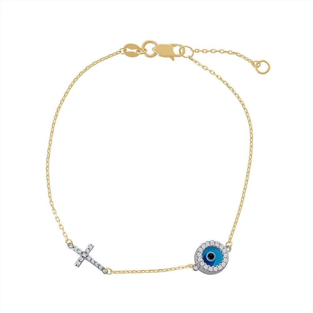19cm Cubic Zirconia Evil Eye and Cross Cable Bracelet in 9kt Yellow Gold Bracelets Bevilles 