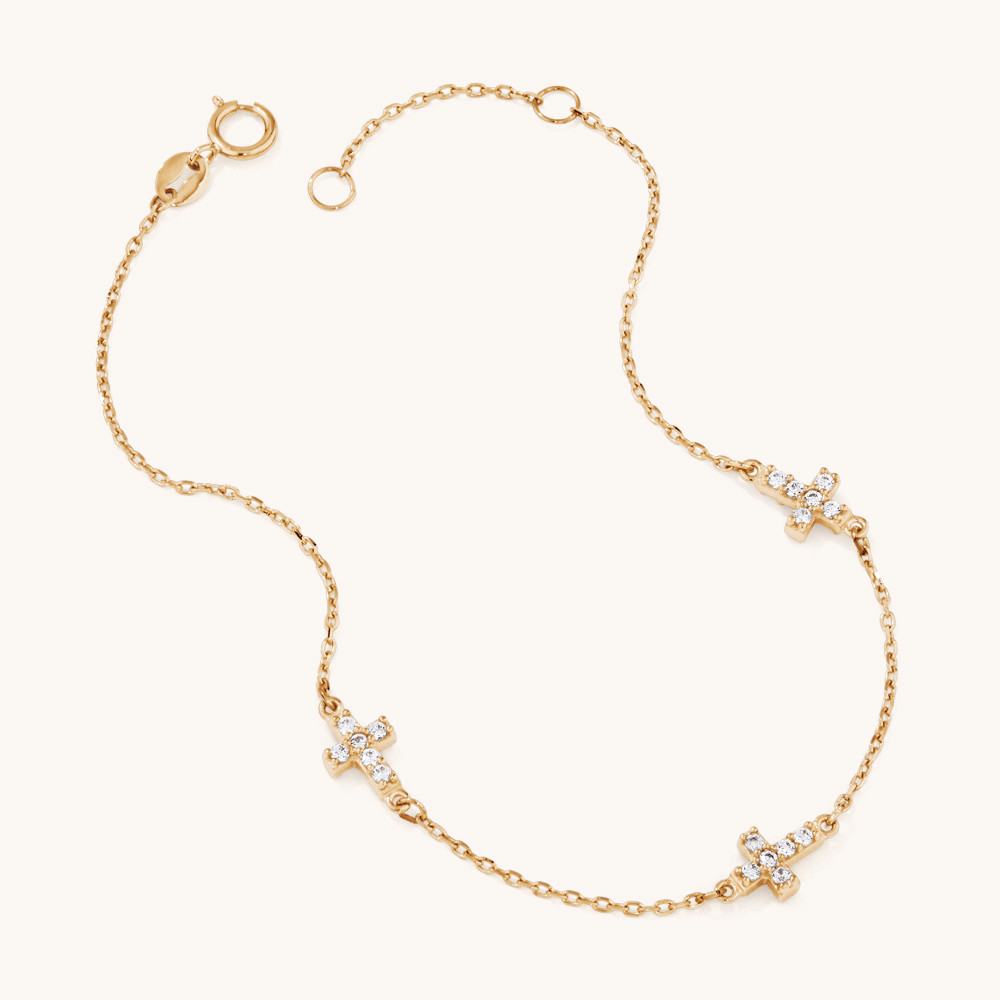 19cm Cubic Zirconia Station Cross Bracelet in 9kt Yellow Gold Bracelets Bevilles 