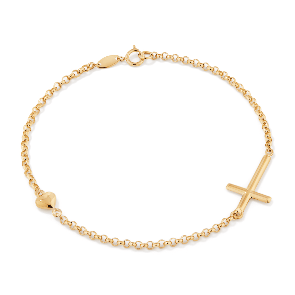 19cm Heart and Cross Cable Bracelet in 9kt Yellow Gold Bracelets Bevilles 