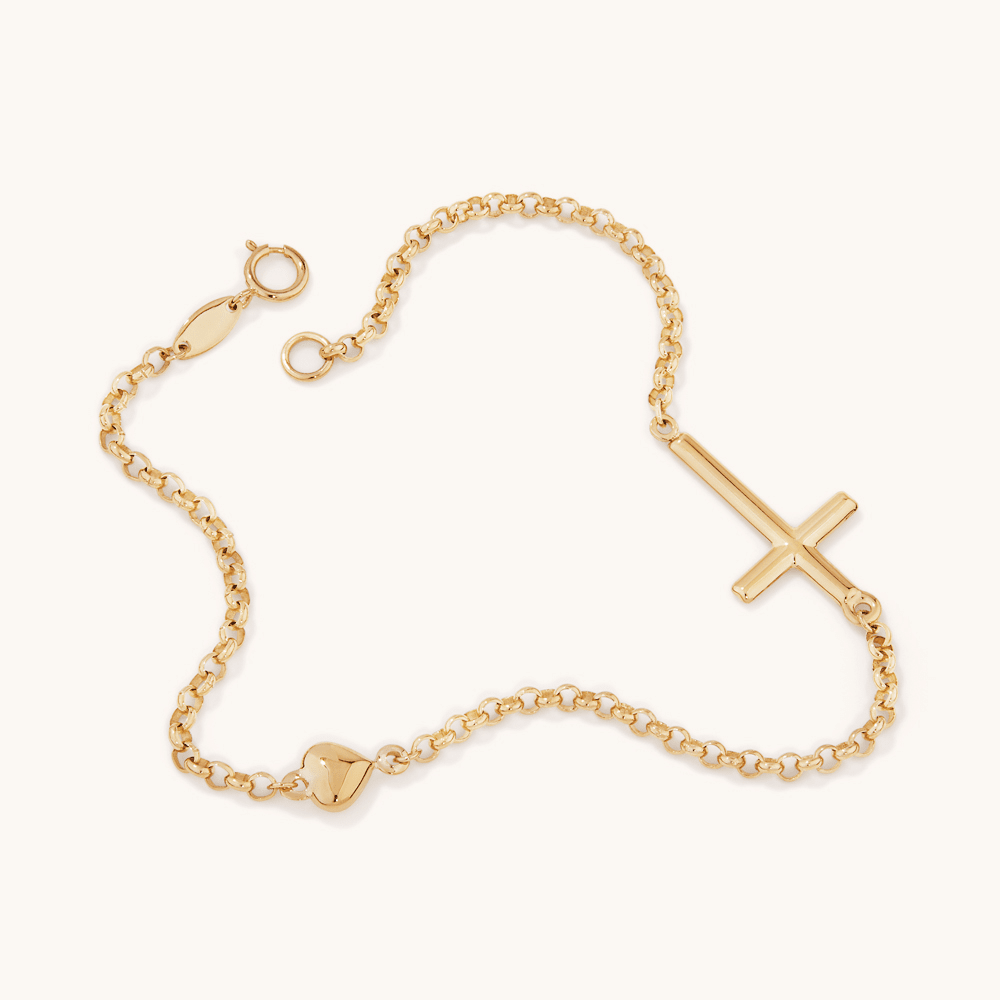 19cm Heart and Cross Cable Bracelet in 9kt Yellow Gold Bracelets Bevilles 