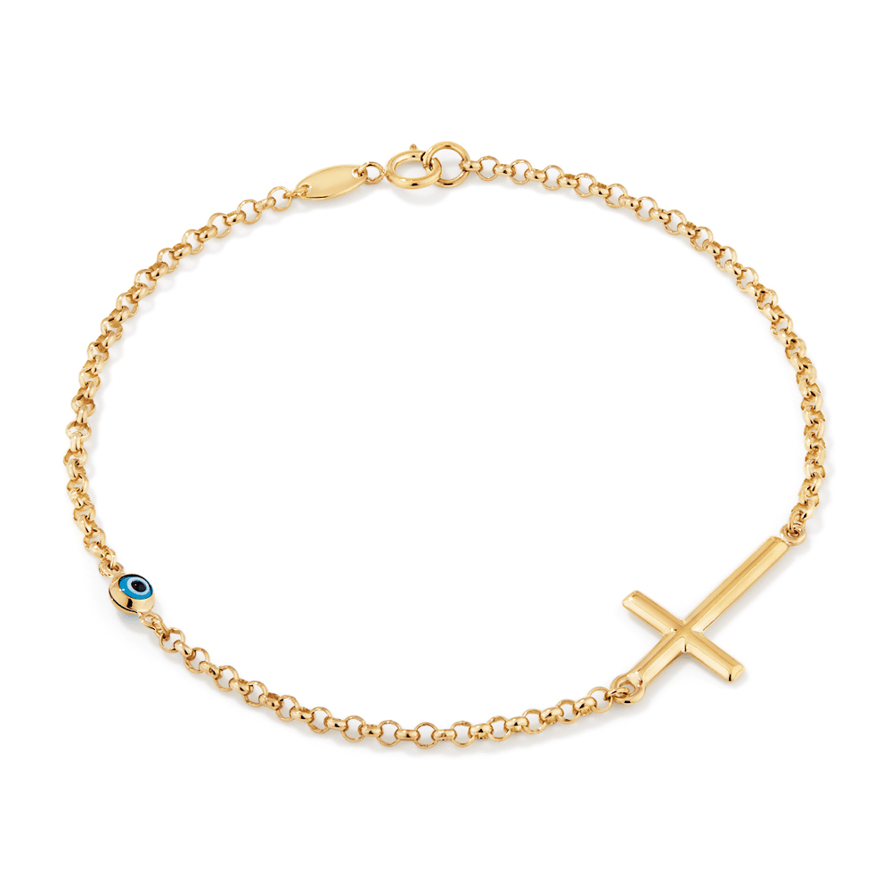 19cm Enamel Evil Eye and Cross Cable Bracelet in 9kt Yellow Gold Bracelets Bevilles 