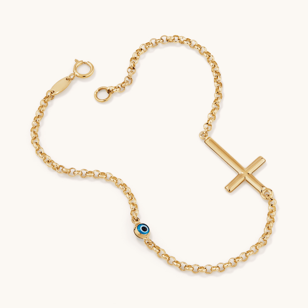 19cm Enamel Evil Eye and Cross Cable Bracelet in 9kt Yellow Gold Bracelets Bevilles 
