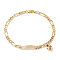 19cm Heart Charm Figaro I.D. Bracelet in 9kt Yellow Gold Bracelets Bevilles 