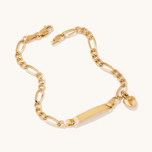 19cm Heart Charm Figaro I.D. Bracelet in 9kt Yellow Gold Bracelets Bevilles 
