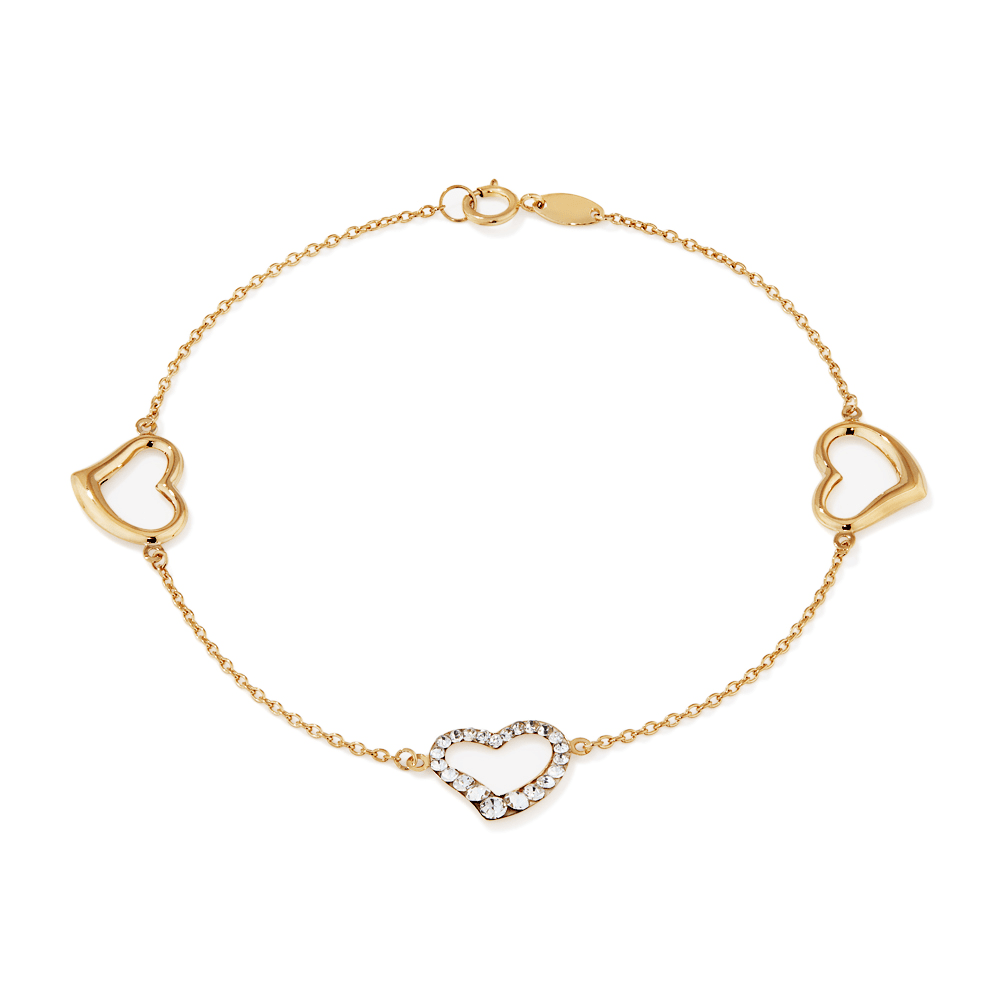 19cm Cubic Zirconia Heart Station Bracelet in 9kt Yellow Gold Bracelets Bevilles 