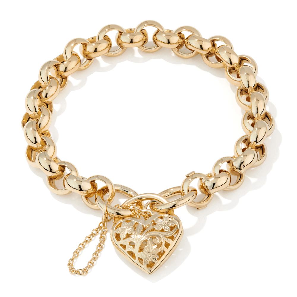 20cm Belcher Filigree Heart Padlock Bracelet in 9kt Yellow Bonded Gold Bracelets Bevilles 