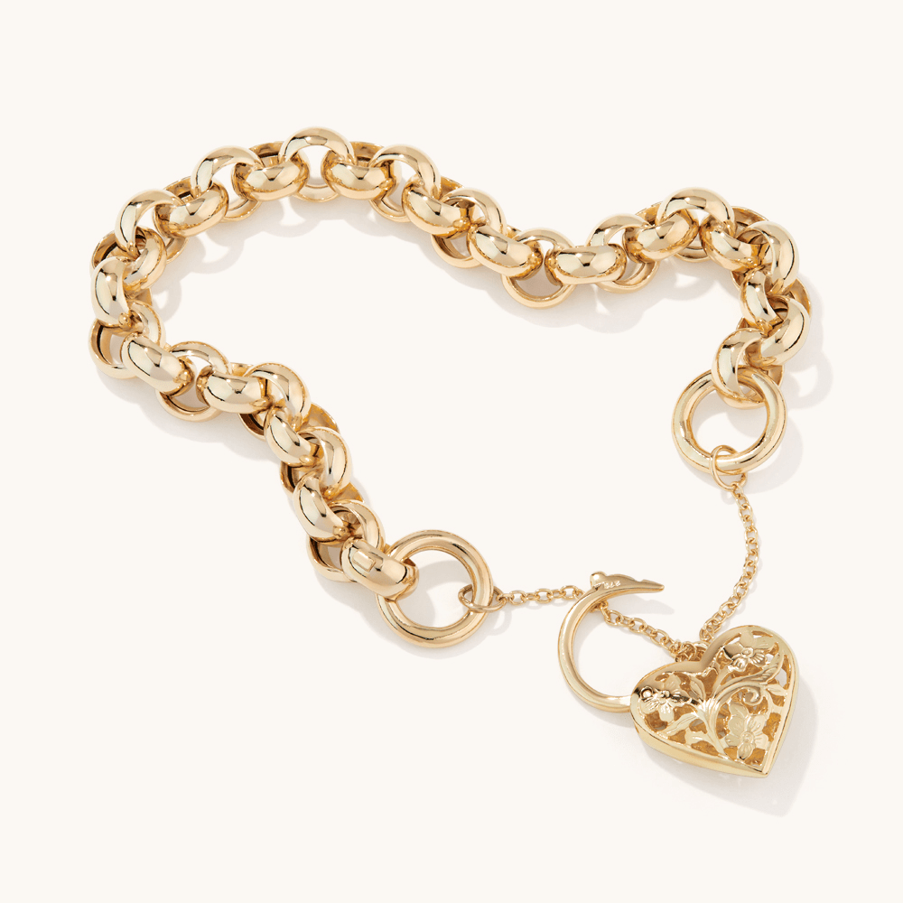 20cm Belcher Filigree Heart Padlock Bracelet in 9kt Yellow Bonded Gold Bracelets Bevilles 