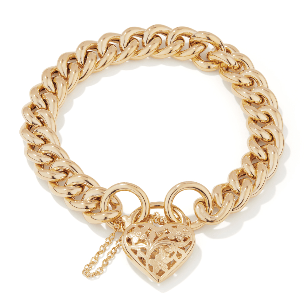 20cm Filigree Heart Padlock Curb Bracelet in 9kt Yellow Bonded Gold Bracelets Bevilles 