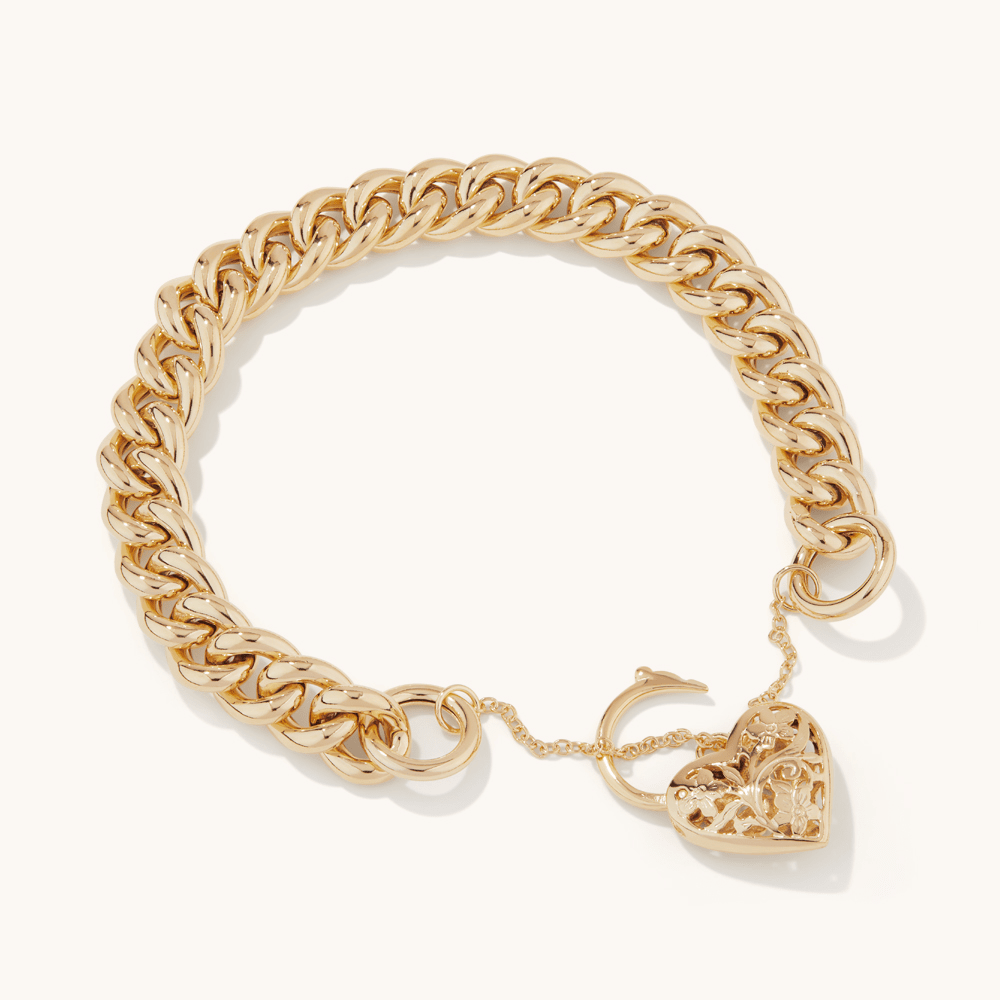 20cm Filigree Heart Padlock Curb Bracelet in 9kt Yellow Bonded Gold Bracelets Bevilles 