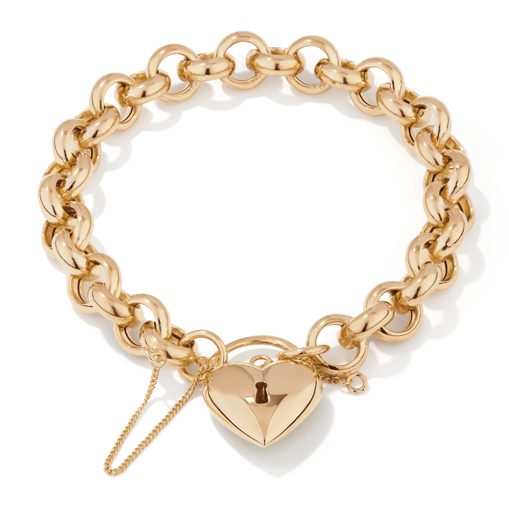 20.5cm Heart Padlock Belcher Bracelet in 9kt Yellow Bonded Gold Bracelets Bevilles 