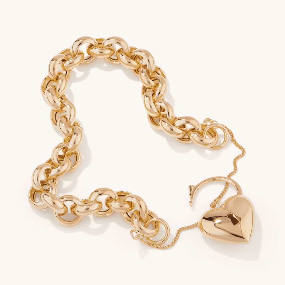 20.5cm Heart Padlock Belcher Bracelet in 9kt Yellow Bonded Gold Bracelets Bevilles 