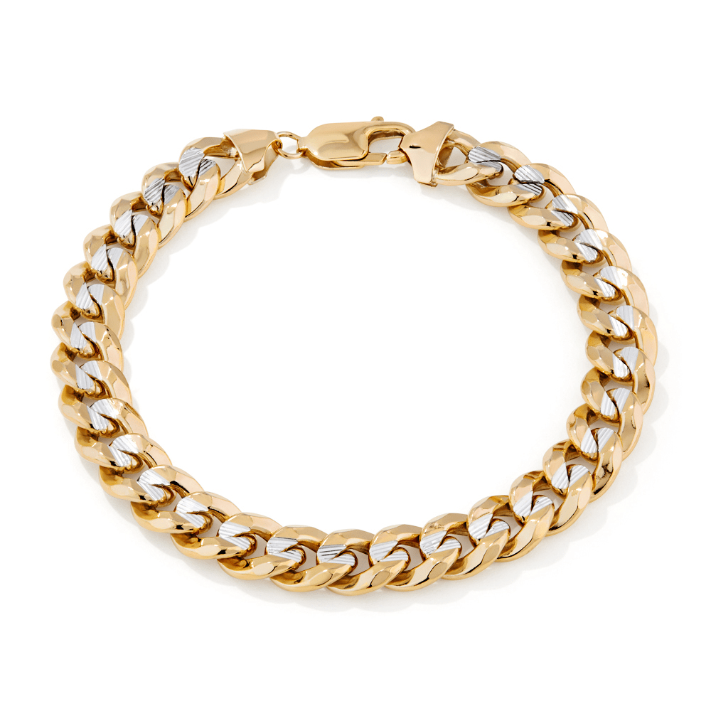 21cm Line Cut Curb Bracelet in 9kt Yellow and White Bonded Gold Bracelets Bevilles 