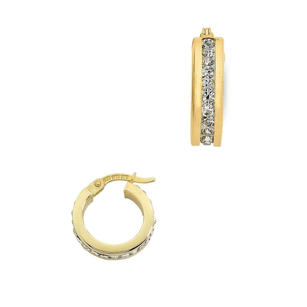 10mm Channel Set Crystal Hoops in 9kt Bonded Gold Silver Filled Earrings Bevilles 