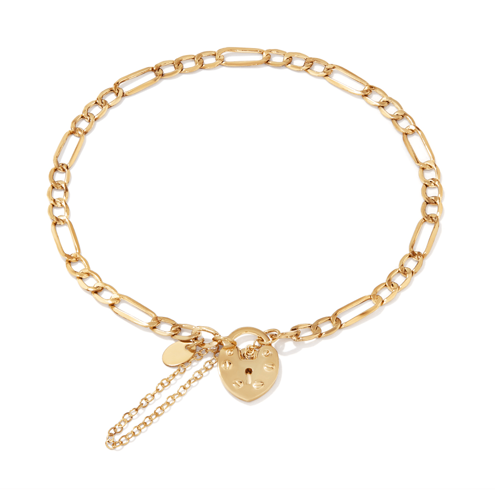 19cm Figaro Heart Padlock Bracelet in 9kt Bonded Gold Silver Filled Bracelets Bevilles 
