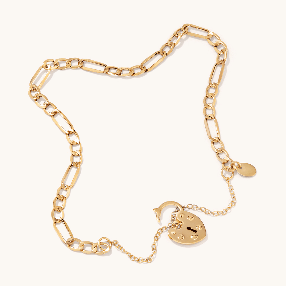 19cm Figaro Heart Padlock Bracelet in 9kt Bonded Gold Silver Filled Bracelets Bevilles 