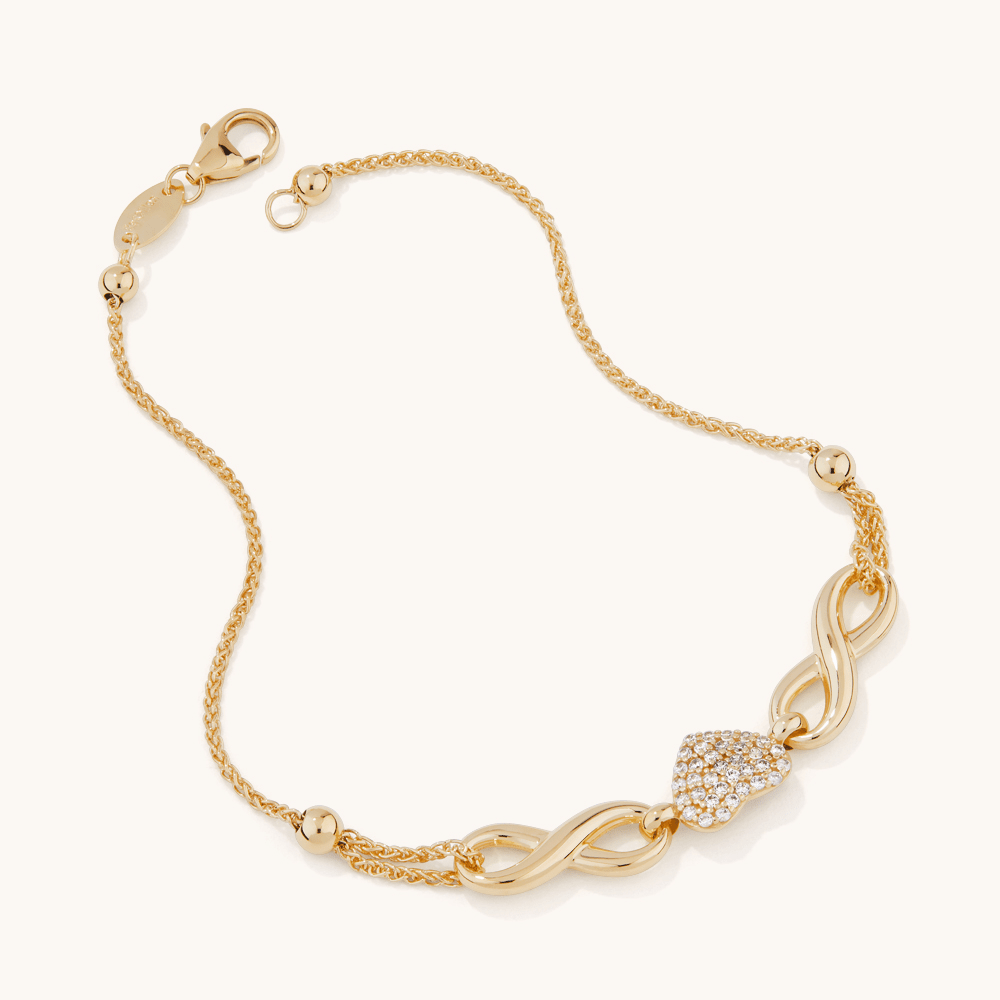 19cm Crystal Heart and Infinity Bracelet in 9kt Yellow Bonded Gold Bracelets Bevilles 