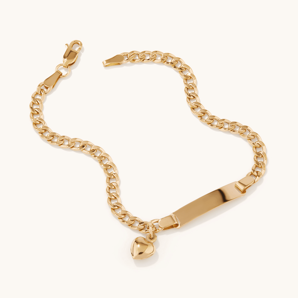 19cm Heart Charm Curb I.D. Bracelet in 9kt Yellow Bonded Gold Bracelets Bevilles 