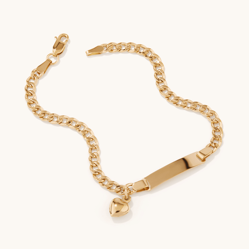 19cm Heart Charm Curb I.D. Bracelet in 9kt Yellow Bonded Gold Bracelets Bevilles 
