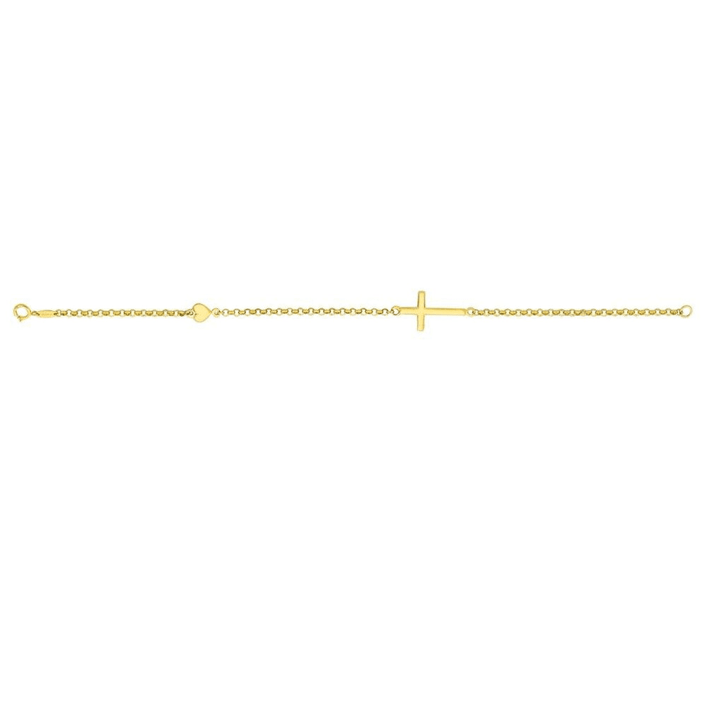 9kt Bonded Gold Silver Filled Belcher Cross And Heart Charm Bracelet 19cm Bracelets Bevilles 