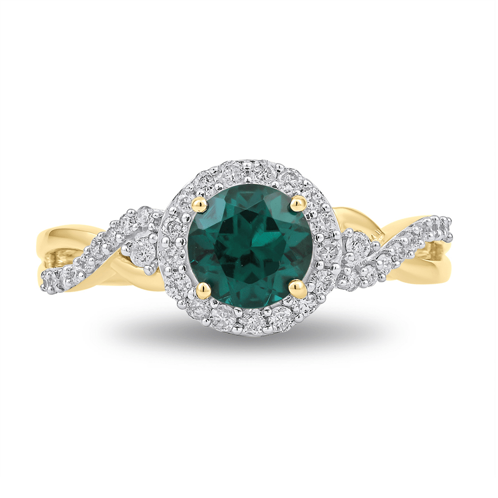 Created Emerald Halo Ring with 1/4ct of Diamonds in 9kt Yellow Gold Rings Bevilles 