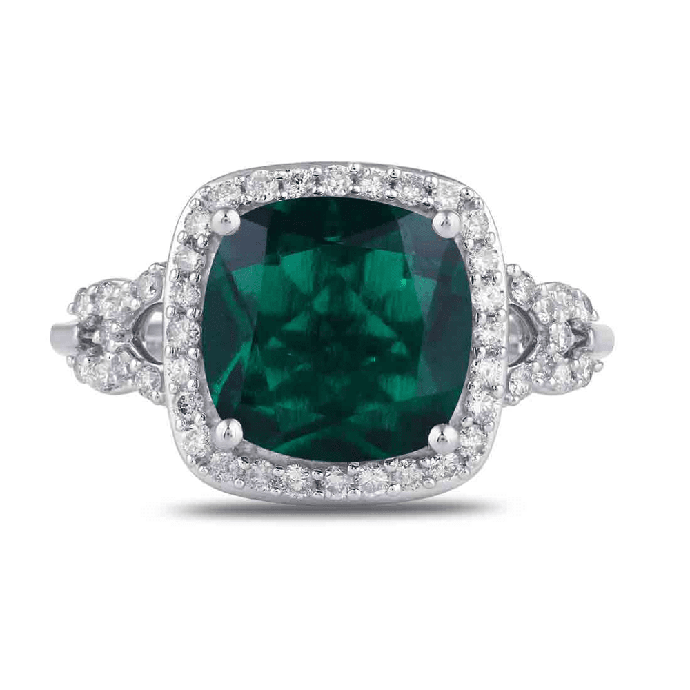 Cushion Created Emerald Halo Ring with 0.35ct of Diamonds in 9ct White Gold Rings Bevilles 