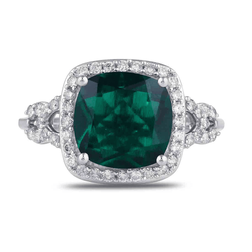 Cushion Created Emerald Halo Ring with 0.35ct of Diamonds in 9ct White Gold Rings Bevilles 
