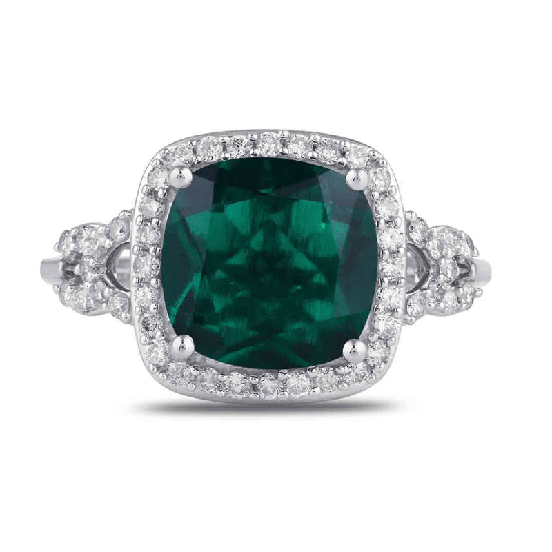 Cushion Created Emerald Halo Ring with 0.35ct of Diamonds in 9ct White Gold Rings Bevilles 
