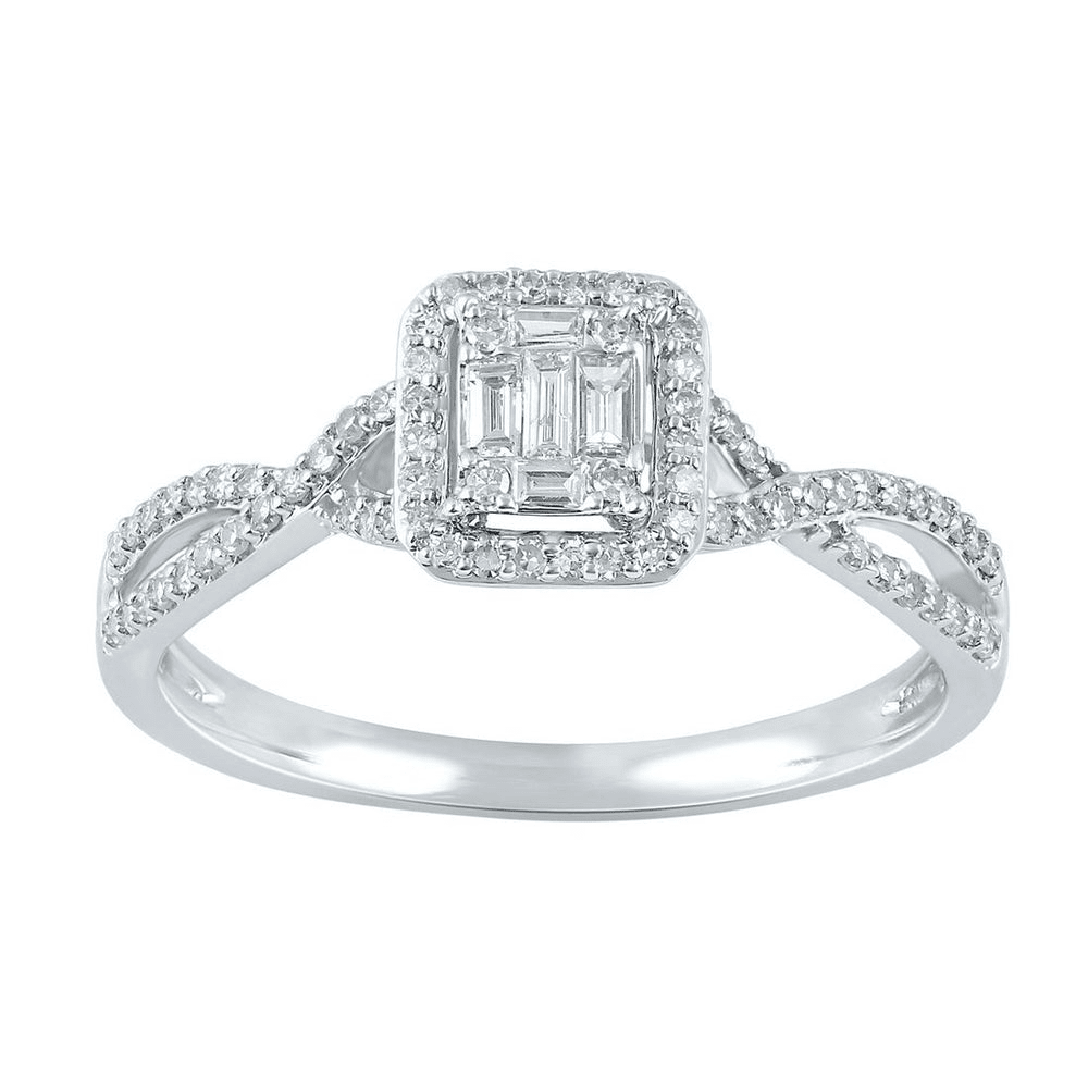 Emerald Shape Halo Shoulder Ring with 0.25tw of Diamonds in 9kt White Gold Rings Bevilles 