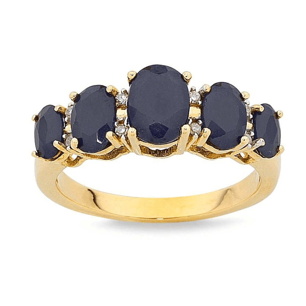 5 Stone Oval Cut Sapphire and Diamond Ring in 9kt Yellow Gold Rings Bevilles 