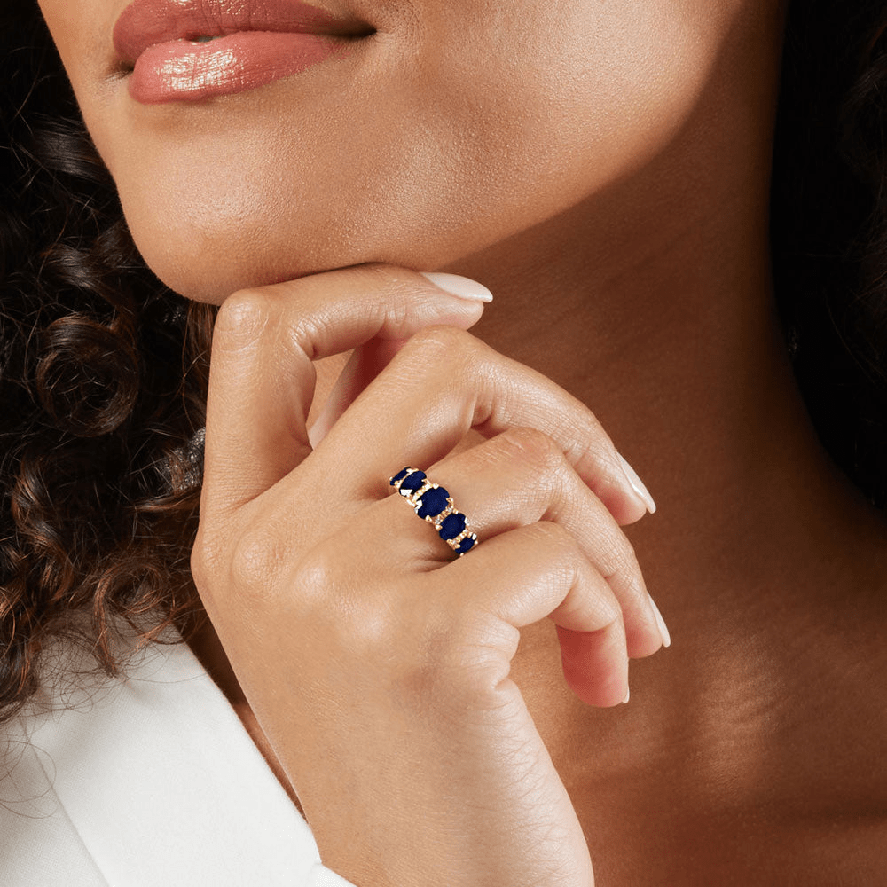 5 Stone Oval Cut Sapphire and Diamond Ring in 9kt Yellow Gold Rings Bevilles 