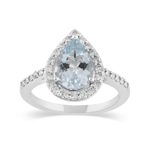 Pear Aquamarine Halo Ring with 0.40ct of Diamonds in 9ct White Gold Rings Bevilles 