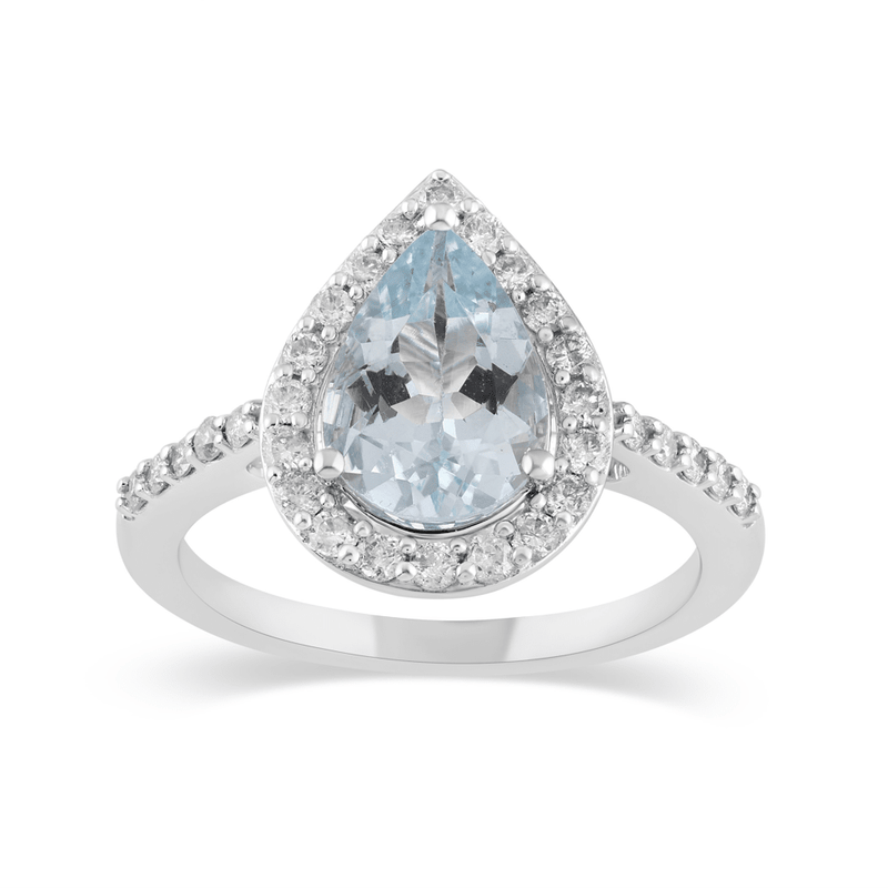Pear Aquamarine Halo Ring with 0.40ct of Diamonds in 9ct White Gold Rings Bevilles 