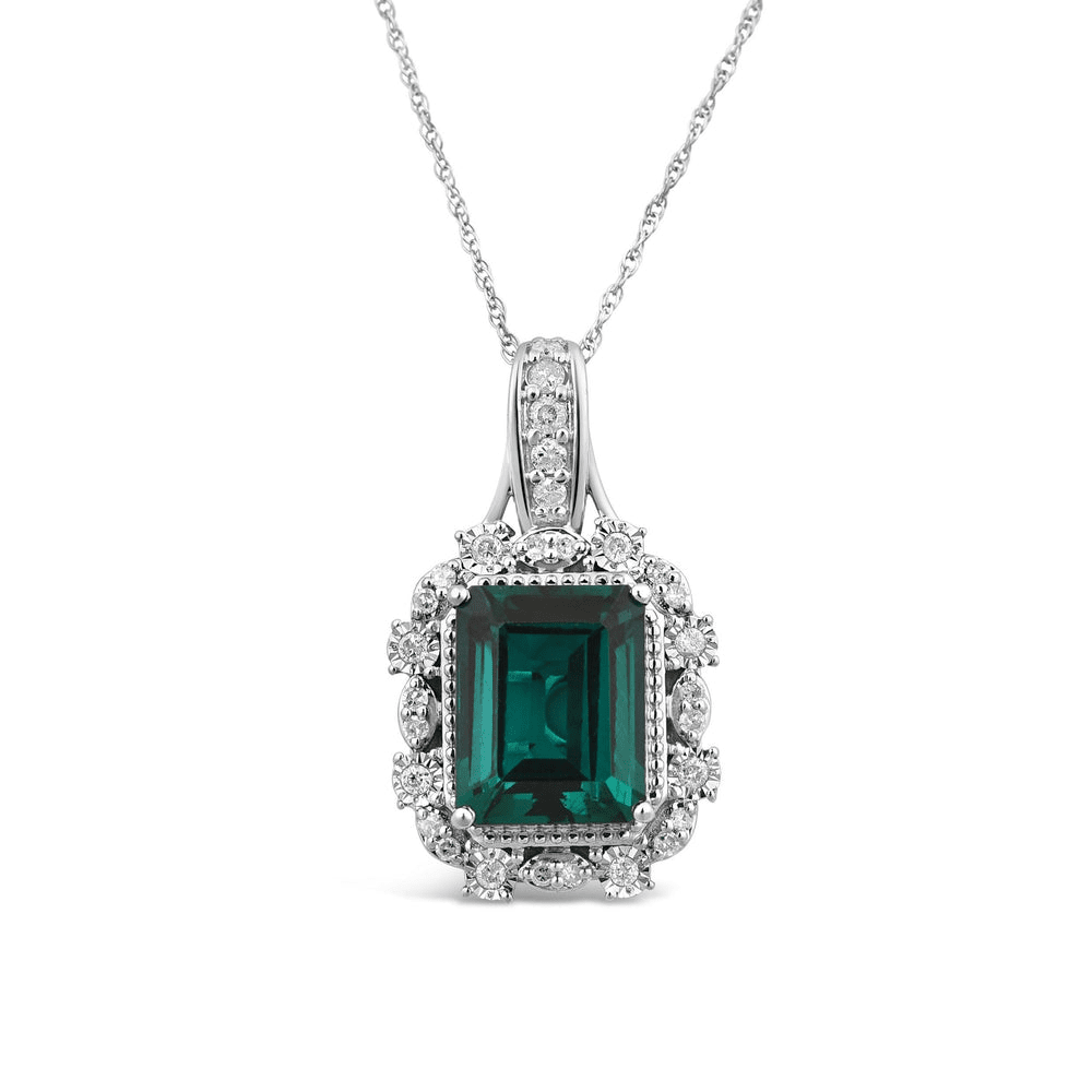 Created Emerald Necklace with 1/5ct of Diamonds in 9ct White Gold Bevilles Jewellers 
