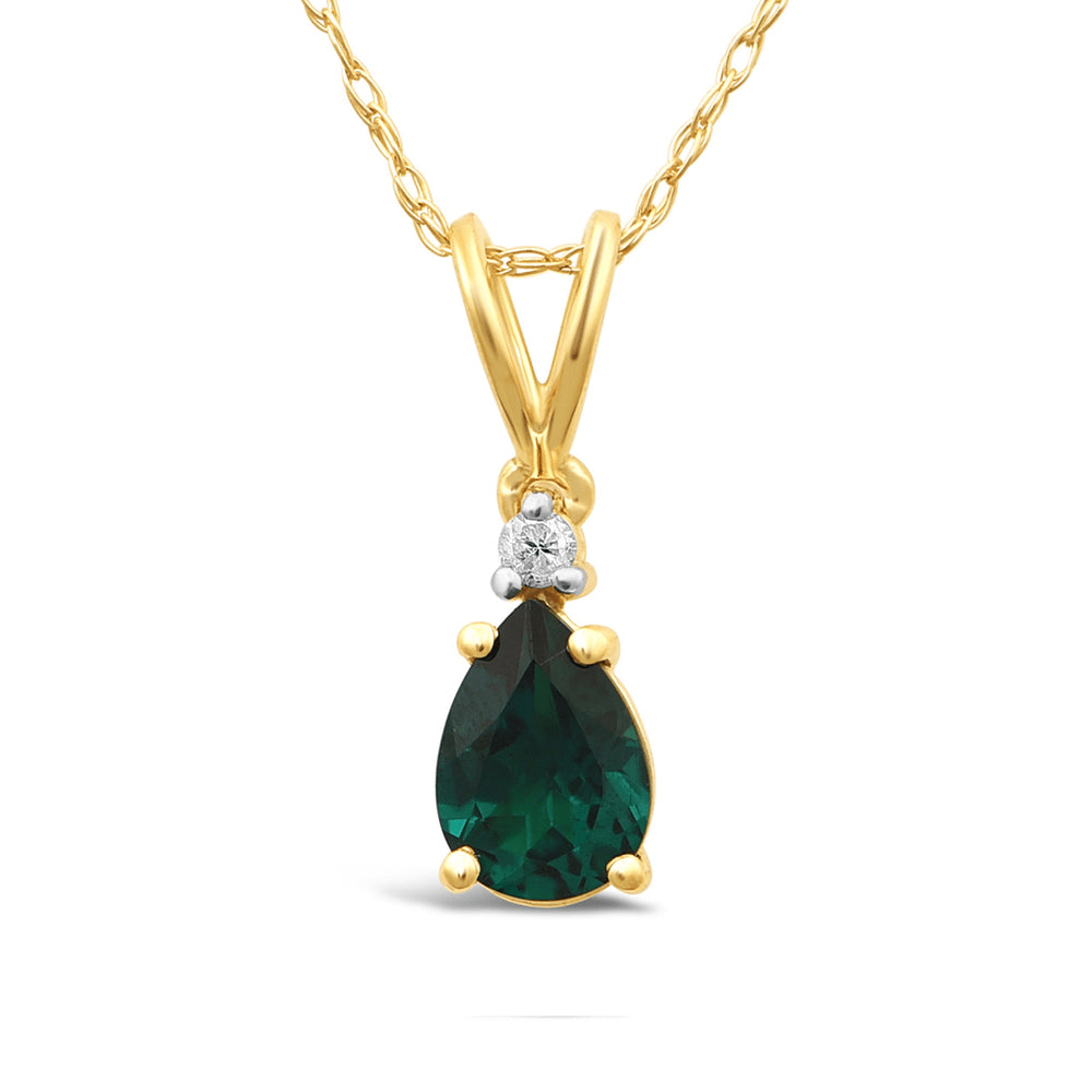 Diamond Set Pear Created Emerald Necklace in 9ct Yellow Gold Bevilles Jewellers 