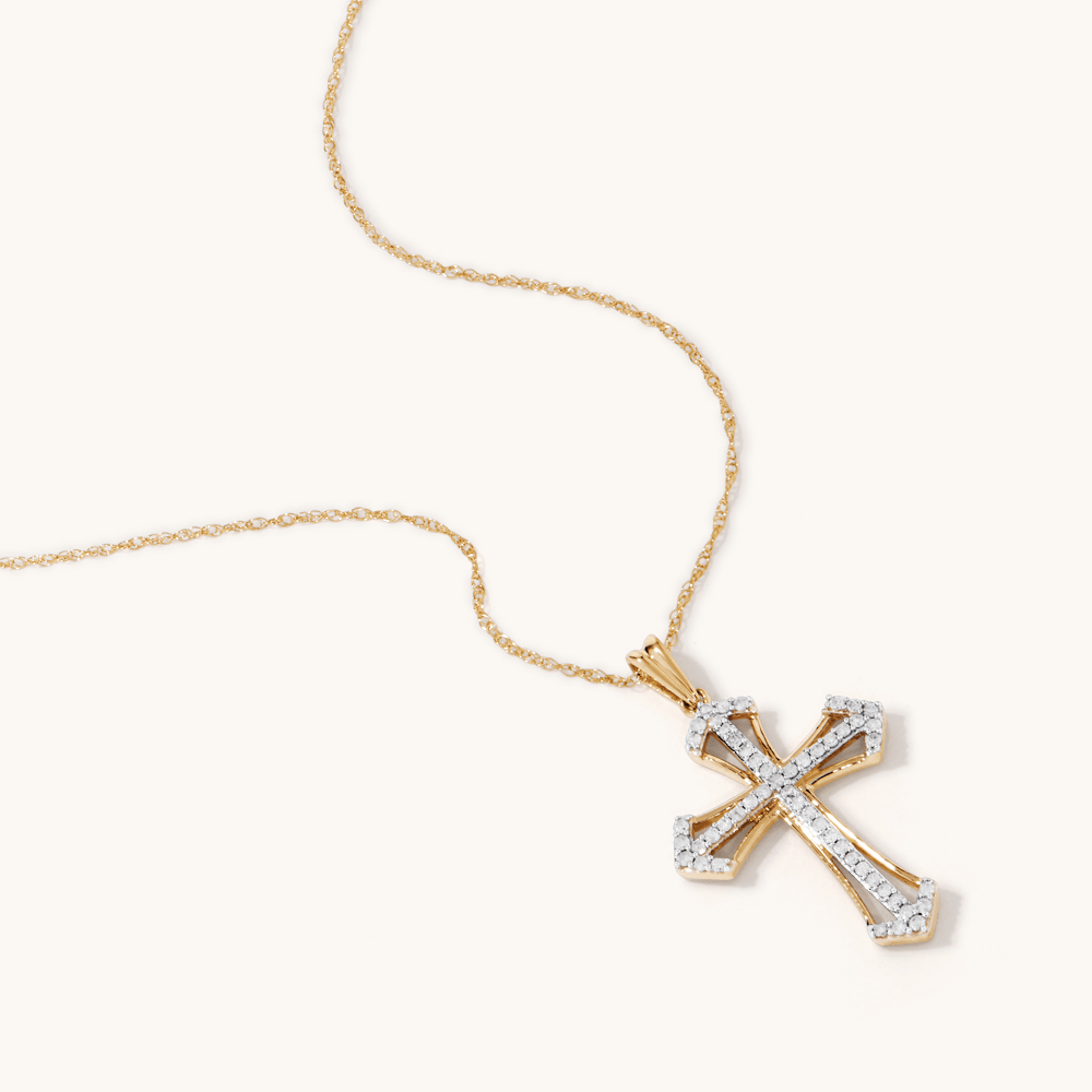 45cm Fancy Cross Pendant Necklace with 0.20tw of Diamonds in 9kt Yellow Gold Pendants Bevilles 