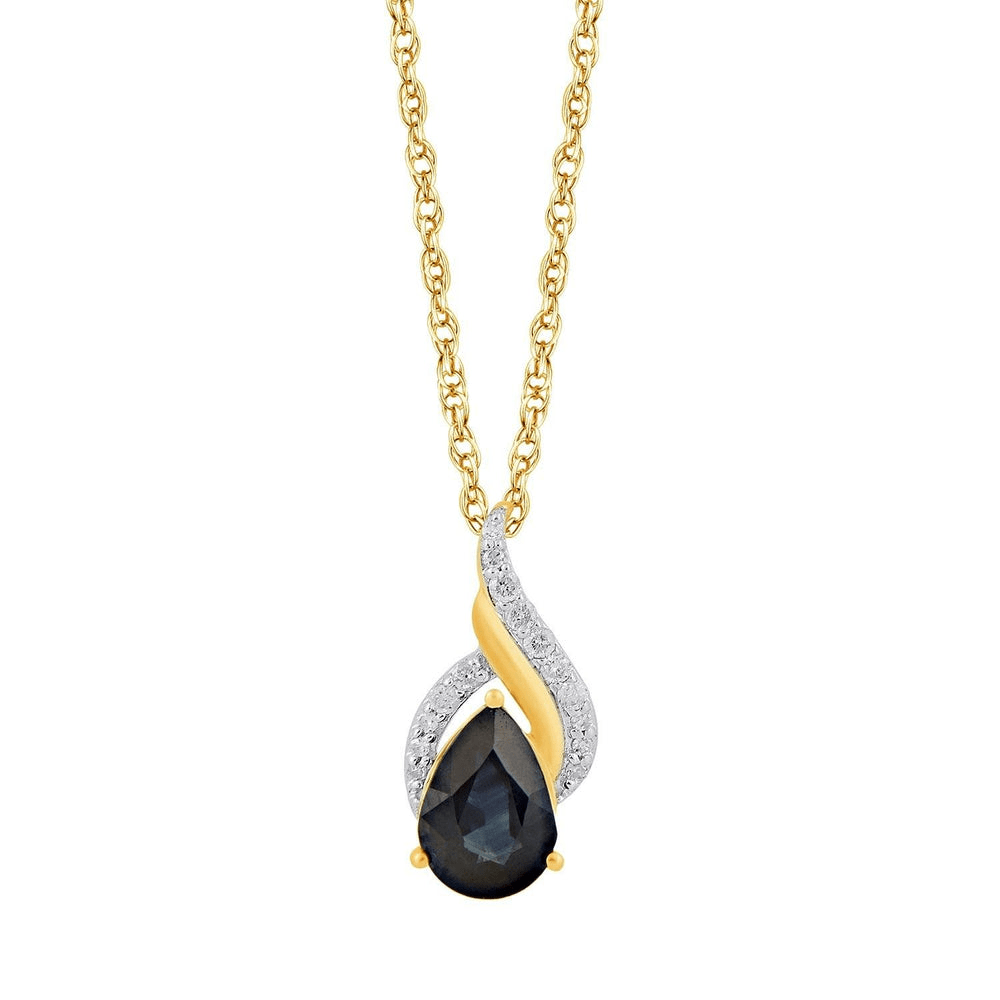 Diamond Set Pear Sapphire Swirl Necklace in 9ct Yellow Gold Bevilles Jewellers 
