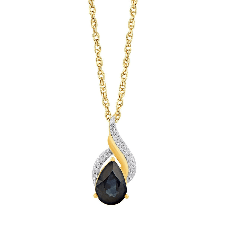 Diamond Set Pear Sapphire Swirl Necklace in 9ct Yellow Gold Bevilles Jewellers 