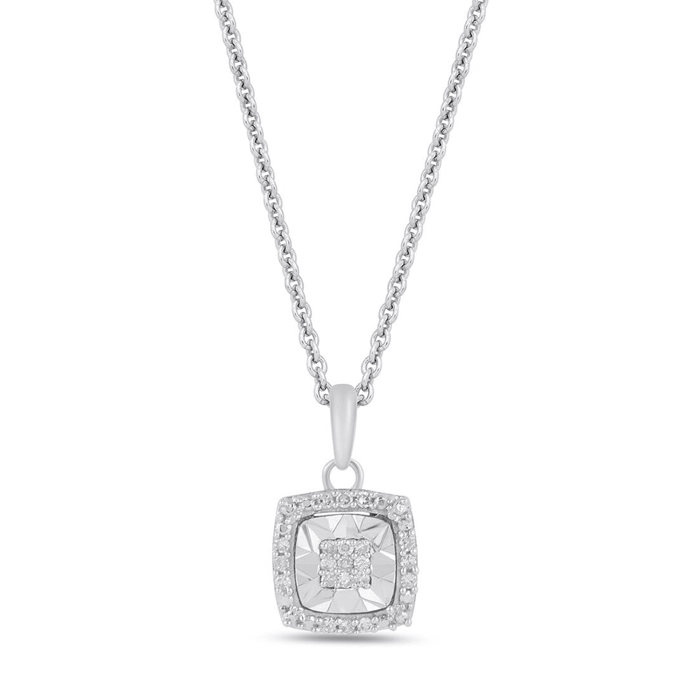 Diamond Set Cushion Miracle Halo Necklace in Sterling Silver Bevilles Jewellers 