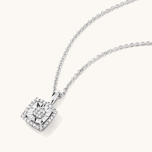 45cm Diamond Set Cushion Miracle Halo Necklace in Sterling Silver Pendants Bevilles 