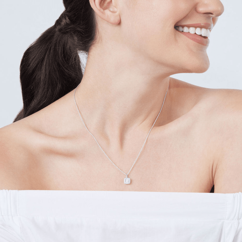 45cm Diamond Set Cushion Miracle Halo Necklace in Sterling Silver Necklaces Bevilles 