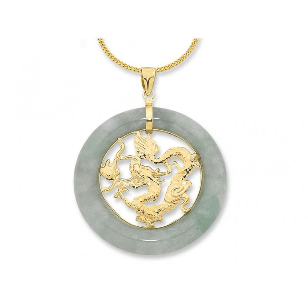Jade Circle with Dragon Centre Pendant in 9kt Yellow Gold Pendants Bevilles 