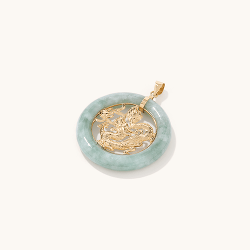 Jade Circle with Dragon Centre Pendant in 9kt Yellow Gold Pendants Bevilles 