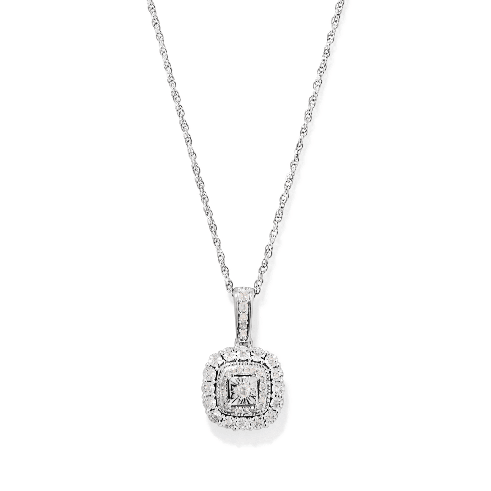 45cm Square Shape Double Halo Pendant Necklace with 0.16tw of Diamonds in Sterling Silver Pendants Bevilles 