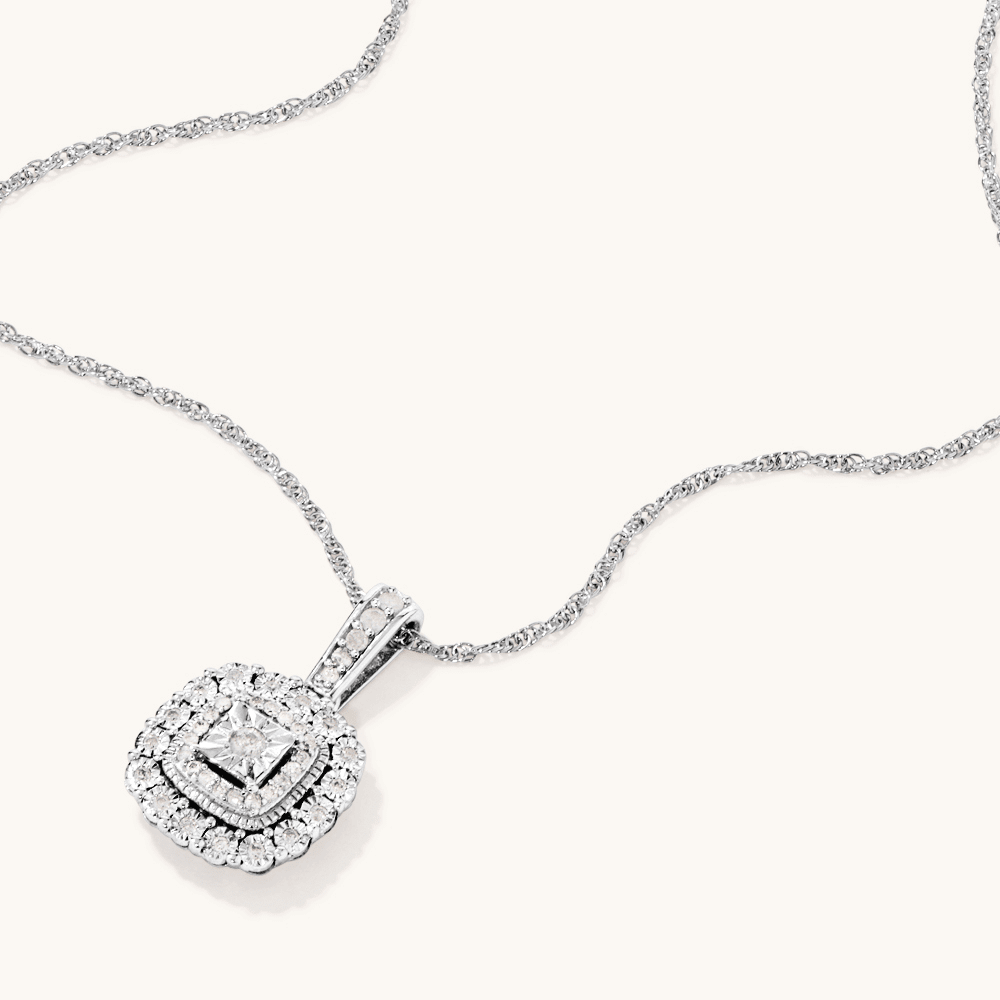45cm Square Shape Double Halo Pendant Necklace with 0.16tw of Diamonds in Sterling Silver Pendants Bevilles 