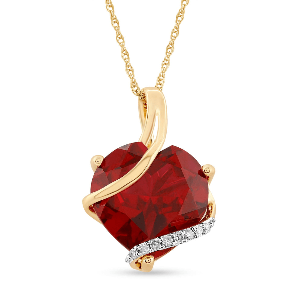 Diamond Set Heart Necklace with Created Ruby in 9ct Yellow Gold Bevilles Jewellers 