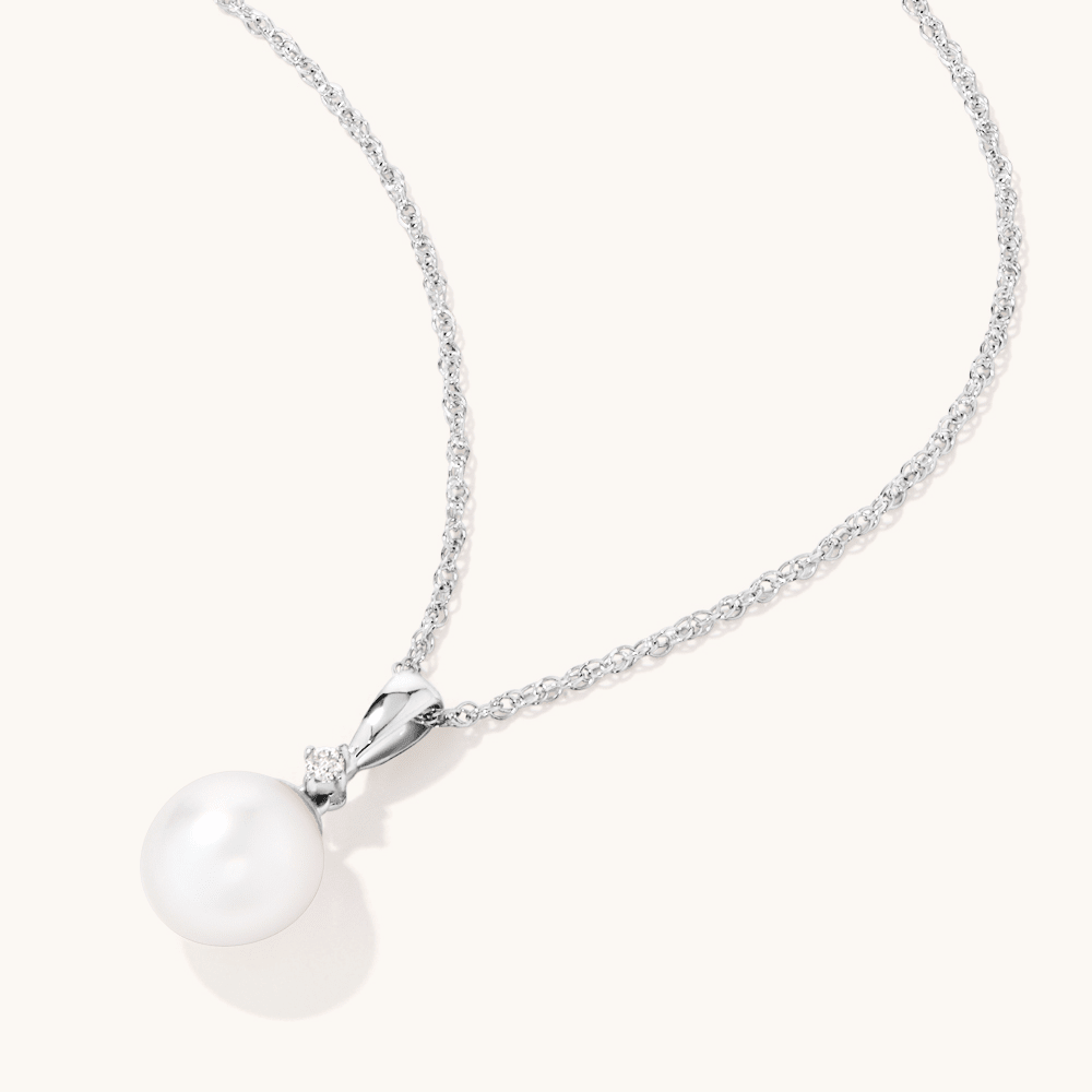 45cm Diamond Set Pearl Necklace in Sterling Silver Pendants Bevilles 
