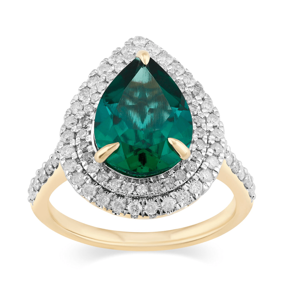 Pear Cut Created Emerald Double Halo Ring with 0.60tw of Diamonds in 9kt Yellow Gold Rings Bevilles 