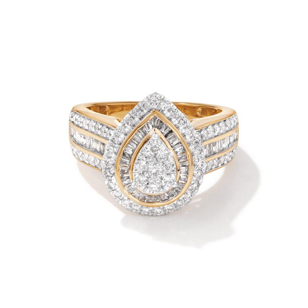 Pear Shape Halo Ring with 1.00tw of Diamonds in 9kt Yellow Gold Rings Bevilles 
