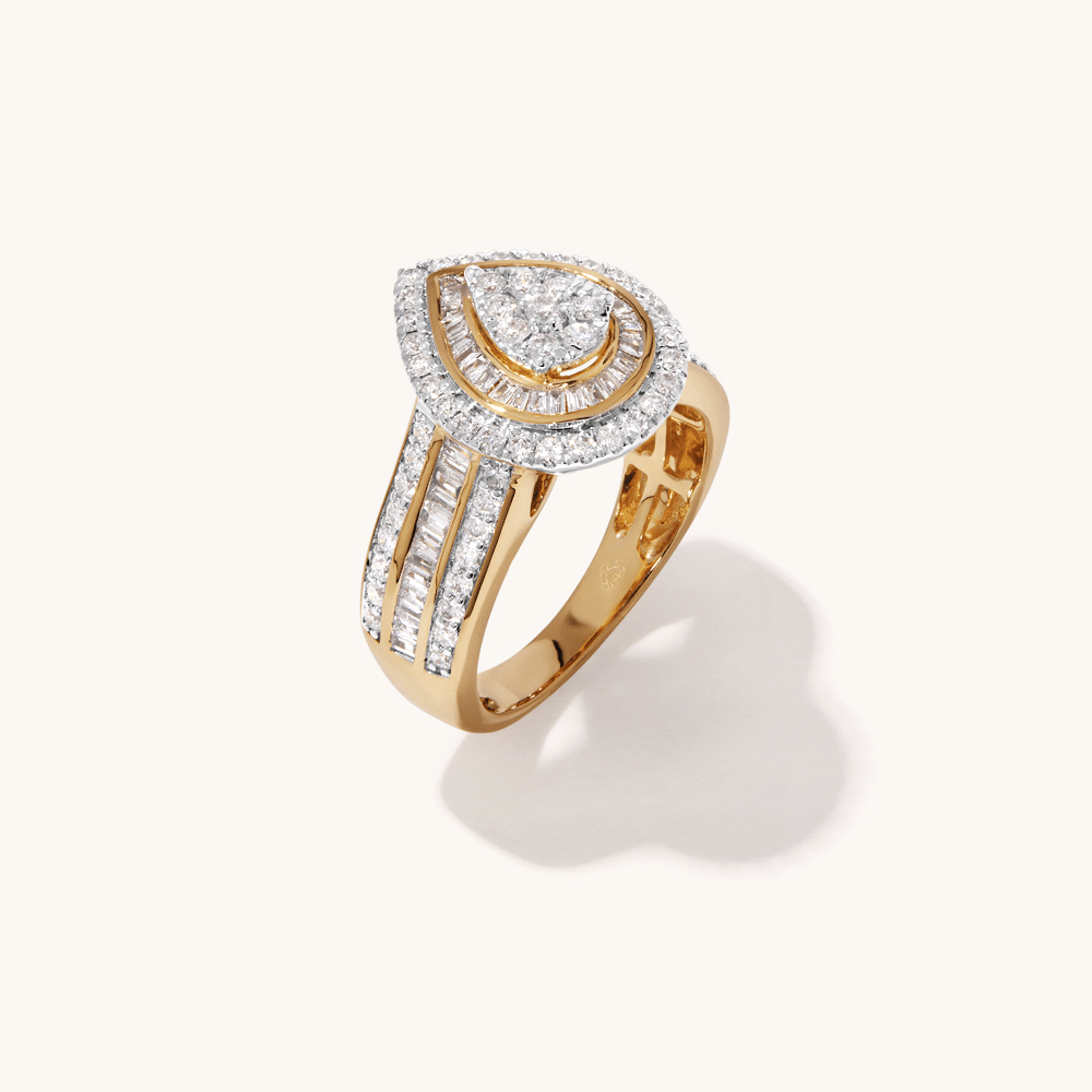 Pear Shape Halo Ring with 1.00tw of Diamonds in 9kt Yellow Gold Rings Bevilles 